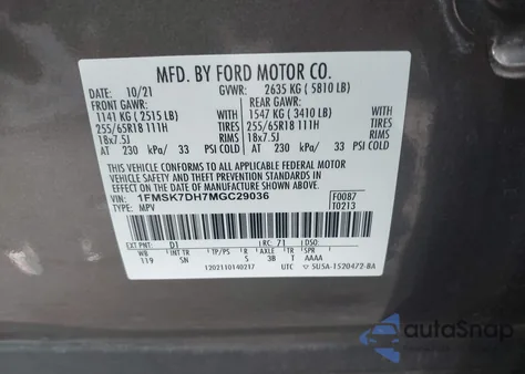 2021 Ford Explorer Xlt из США, поврежденный, VIN 1FMSK7DH7MGC29036